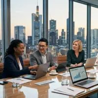 Eine vielfältige Gruppe von sechs Geschäftsleuten sitzt an einem modernen Konferenzraumtisch in Frankfurt am Main, bespricht ein globales Projekt und schaut auf Laptops und Dokumente. Durch große Fenster ist die beleuchtete Skyline von Frankfurt am Main in der Abenddämmerung zu sehen, darunter der Commerzbank Tower und der Messeturm. Ein großer Bildschirm an der Wand zeigt ein Diagramm mit der Aufschrift 'GLOBAL PROJECT OVERVIEW'.