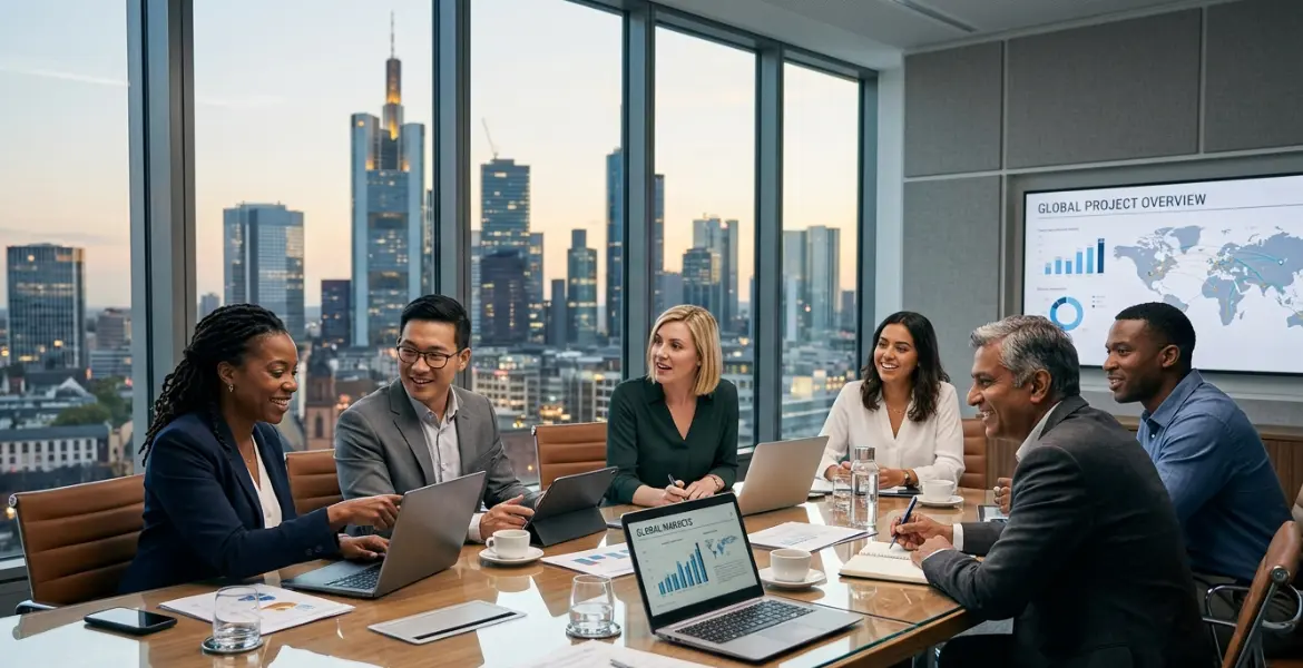Eine vielfältige Gruppe von sechs Geschäftsleuten sitzt an einem modernen Konferenzraumtisch in Frankfurt am Main, bespricht ein globales Projekt und schaut auf Laptops und Dokumente. Durch große Fenster ist die beleuchtete Skyline von Frankfurt am Main in der Abenddämmerung zu sehen, darunter der Commerzbank Tower und der Messeturm. Ein großer Bildschirm an der Wand zeigt ein Diagramm mit der Aufschrift 'GLOBAL PROJECT OVERVIEW'.