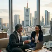 Ein Weitwinkelfoto eines modernen Büro-Loungebereichs in einem Hochhaus in Frankfurt am Main bei Sonnenuntergang, mit der Skyline im Hintergrund. Sechs diverse Geschäftsleute sind in kleinen Gruppen verteilt. Ein Mann und eine Frau sitzen auf einem Sofa und unterhalten sich über einem Laptop. Zwei weitere Personen stehen an einem Stehtisch und schauen auf ein Tablet. Am rechten Rand stehen zwei Frauen an einem Whiteboard mit der Aufschrift „Project Alpha Feedback“ und diskutieren. Auf einem Schrank auf der linken Seite steht ein Schild mit der Aufschrift „English Cafe“. Die Atmosphäre ist entspannt und kollaborativ.