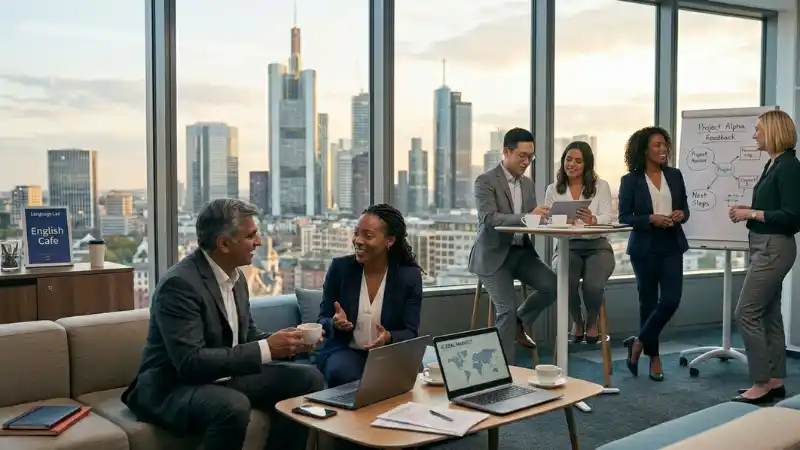 Ein Weitwinkelfoto eines modernen Büro-Loungebereichs in einem Hochhaus in Frankfurt am Main bei Sonnenuntergang, mit der Skyline im Hintergrund. Sechs diverse Geschäftsleute sind in kleinen Gruppen verteilt. Ein Mann und eine Frau sitzen auf einem Sofa und unterhalten sich über einem Laptop. Zwei weitere Personen stehen an einem Stehtisch und schauen auf ein Tablet. Am rechten Rand stehen zwei Frauen an einem Whiteboard mit der Aufschrift „Project Alpha Feedback“ und diskutieren. Auf einem Schrank auf der linken Seite steht ein Schild mit der Aufschrift „English Cafe“. Die Atmosphäre ist entspannt und kollaborativ.