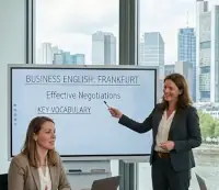 Eine Gruppe von Fachleuten nimmt an einem Kurs für Wirtschaftsenglisch teil –  in einem modernen Konferenzraum in Frankfurt am Main, der einen Blick  auf die Stadtsilhouette bietet. Die Szene spielt in einem modernen, lichtdurchfluteten Bürohochhaus.  Das auffälligste Merkmal ist der atemberaubende Panoramablick durch  die großen, bodentiefen Fenster. Im Hintergrund zeigt sich die  unverwechselbare Frankfurter Skyline mit ikonischen Wolkenkratzern  wie dem Commerzbank Tower und dem Messeturm. Unterhalb der Gebäude ist der Main zu sehen, der die urbane Landschaft  vervollständigt. Der Himmel strahlt in hellem Blau, durchzogen von sanften weißen Wolken,  was auf einen angenehmen Tag hindeutet.