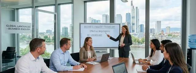 Eine Gruppe von Fachleuten nimmt an einem Kurs für Wirtschaftsenglisch teil –  in einem modernen Konferenzraum in Frankfurt am Main, der einen Blick  auf die Stadtsilhouette bietet. Die Szene spielt in einem modernen, lichtdurchfluteten Bürohochhaus.  Das auffälligste Merkmal ist der atemberaubende Panoramablick durch  die großen, bodentiefen Fenster. Im Hintergrund zeigt sich die  unverwechselbare Frankfurter Skyline mit ikonischen Wolkenkratzern  wie dem Commerzbank Tower und dem Messeturm. Unterhalb der Gebäude ist der Main zu sehen, der die urbane Landschaft  vervollständigt. Der Himmel strahlt in hellem Blau, durchzogen von sanften weißen Wolken,  was auf einen angenehmen Tag hindeutet.
