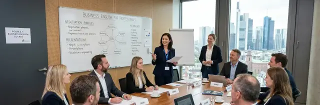 Das Bild zeigt eine betriebliche Schulung, die in einem modernen Büro in Frankfurt am Main stattfindet. Der Raum ist ein zeitgemäßer Konferenzraum mit großen, bodentiefen Fenstern. Durch die Verglasung bietet sich ein freier Blick auf die ikonische Frankfurter Skyline mit ihren charakteristischen Wolkenkratzern.