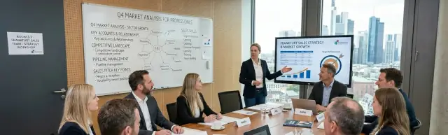 Das Bild zeigt einen Englischkurs für ein Vertriebsteam in einem modernen Frankfurter Büro. Das Meeting findet in einem zeitgemäßen Konferenzraum mit hellem Holzboden, holzvertäfelten Akustikwänden und einem großen Fenster mit freiem Blick auf die markante Frankfurter Skyline statt. Die Kursleiterin steht vorne im Raum und lenkt die Aufmerksamkeit des Teams auf einen großen Bildschirm,  auf dem eine Präsentation mit dem Titel „FRANKFURT VERTRIEBSSTRATEGIE & MARKTWACHSTUM“ gezeigt wird.