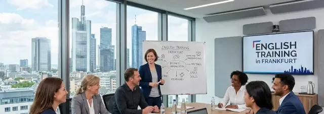 Das Bild zeigt eine Schulung für Wirtschaftsenglisch, die in Frankfurt am Main stattfindet. Große, bodentiefe Fenster hinter der Gruppe bieten einen Panoramablick auf die Frankfurter Skyline. Ein mobiles Whiteboard zeigt handgezeichnete Diagramme und Texte, die sich thematisch um „BUSINESS ENGLISH COMMUNICATION“ drehen. Pfeile in Form einer Mindmap verweisen auf Themen wie „ENGLISH TRAINING FRANKFURT“, „EFFECTIVE PRESENTATIONS“, „MEETINGS“, „SKILLS“ und „VOCABULARY“.