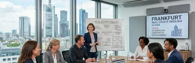 Das Bild zeigt eine spezialisierte Schulung für „Real Estate English“, die speziell auf Fach- und Führungskräfte aus der Unternehmenswelt in Frankfurt zugeschnitten ist. Die Überschrift auf der Tafel lautet „REAL ESTATE ENGLISH“. Auf dem digitalen Display ist ein blaues Wolkenkratzer-Symbol zu sehen, begleitet von dem Text: FRANKFURT REAL ESTATE ENGLISH CLASS.