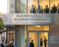 Das Bild zeigt die Außenansicht einer möglichen neuen Schule in einem mehrstöckigen Glasgebäude in Frankfurt, bei der es sich um eine Unternehmensschule namens „Business English Academy Frankfurt“ handelt. Über dem gläsernen Haupteingang ist gut sichtbar ein großes, silbern glänzendes Schild angebracht. Darauf steht in fetten, schwarzen Großbuchstaben: „BUSINESS ENGLISH ACADEMY FRANKFURT“.