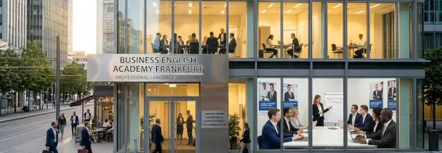 Das Bild zeigt die Außenansicht einer möglichen neuen Schule in einem mehrstöckigen Glasgebäude in Frankfurt, bei der es sich um eine Unternehmensschule namens „Business English Academy Frankfurt“ handelt. Über dem gläsernen Haupteingang ist gut sichtbar ein großes, silbern glänzendes Schild angebracht. Darauf steht in fetten, schwarzen Großbuchstaben: „BUSINESS ENGLISH ACADEMY FRANKFURT“.