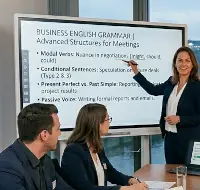 Das Bild zeigt eine professionelle Unterrichtssituation für Business English in Frankfurt am Main, Deutschland. Die Szene spielt in einem modernen Konferenz- oder Schulungsraum eines Unternehmens, der über ein großes Fenster den Blick auf die unverwechselbare Frankfurter Skyline und den Main in der Dämmerung freigibt.