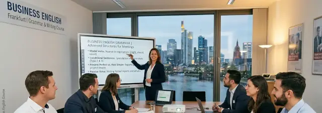 Das Bild zeigt eine professionelle Unterrichtssituation für Business English in Frankfurt am Main, Deutschland. Die Szene spielt in einem modernen Konferenz- oder Schulungsraum eines Unternehmens, der über ein großes Fenster den Blick auf die unverwechselbare Frankfurter Skyline und den Main in der Dämmerung freigibt.