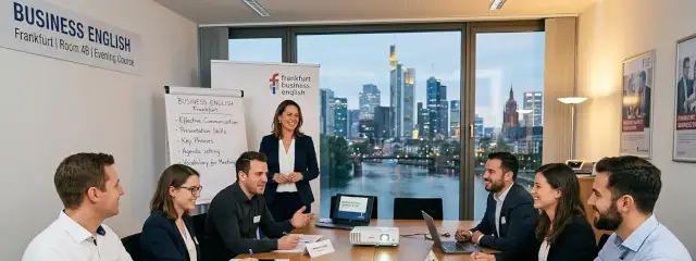 Das Bild zeigt einen professionellen Kurs für Wirtschaftsenglisch – Grammatik und schriftlicher Ausdruck – in Frankfurt am Main. Schauplatz ist ein moderner Konferenz- oder Schulungsraum eines Unternehmens am Abend. Ein riesiges, vom Boden bis zur Decke reichendes Fenster eröffnet einen weiten Blick auf die Frankfurter Skyline, die sich vor dem Dämmerungshimmel hell erleuchtet abzeichnet, während der Main an den Wolkenkratzern vorbeifließt.