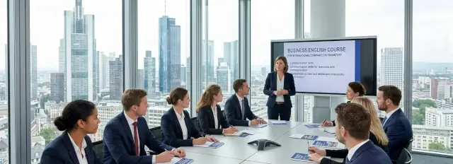 Das Bild zeigt die Szenerie eines professionellen Business-Englisch-Kurses in einem modernen Konferenzraum in einem Hochhaus, mit Panoramablick auf die markante Skyline von Frankfurt am Main.