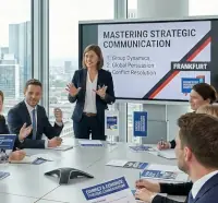 Das Bild fängt eine lebendige Business-English-Training in einem exklusiven, modernen Konferenzraum eines Wolkenkratzers ein – mit Blick auf die Frankfurter Skyline, deren ikonische Hochhausarchitektur unter einem strahlenden Himmel zu sehen ist.