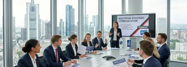 Das Bild fängt eine lebendige Business-English-Training in einem exklusiven, modernen Konferenzraum eines Wolkenkratzers ein – mit Blick auf die Frankfurter Skyline, deren ikonische Hochhausarchitektur unter einem strahlenden Himmel zu sehen ist.
