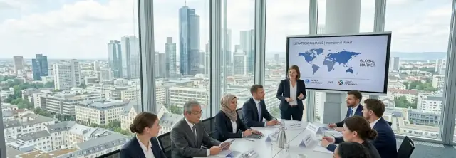 Das Bild zeigt einen Business-Englisch-Kurs in einem modernen, lichtdurchfluteten Konferenzraum eines Wolkenkratzers, der den Blick auf die markante, dichte Skyline von Frankfurt am Main freigibt – wobei insbesondere die prominente Hochhausarchitektur unter einem hellen, teils bewölkten Himmel zur Geltung kommt. Das Umfeld wirkt formell, professionell und international ausgerichtet.