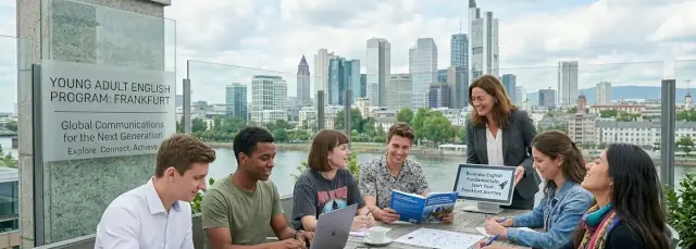 Die Szene spielt auf einer modernen Außenterrasse mit direktem Blick auf den Main und die Frankfurter Skyline – einschließlich markanter Wolkenkratzer wie dem Commerzbank Tower. Ein Glasschild auf einer steinernen Säule zur Linken weist den Ort als „YOUNG ADULT ENGLISH PROGRAM: FRANKFURT“ aus, versehen mit dem Slogan „Global Communications for the Next Generation“. Das Wetter wirkt hell und klar und verleiht der Unterrichtsstunde eine lebendige, urbane Atmosphäre.