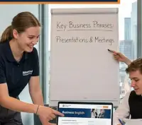 Das Bild ist eine Anzeige für einen professionellen Business-Englischkurs der Business English Academy, der speziell für Auszubildende (Azubis) in Frankfurt konzipiert ist. Oben links, in einem dunkelblauen Banner mit orangefarbener Akzentlinie, steht in großen weißen Buchstaben: „ENGLISCHKURS FÜR“, darunter in leuchtend orangefarbener und weißer Schrift: „AZUBIS IN FRANKFURT“.