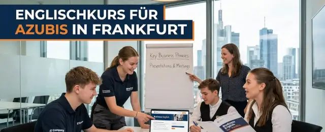 Das Bild ist eine Anzeige für einen professionellen Business-Englischkurs der Business English Academy, der speziell für Auszubildende (Azubis) in Frankfurt konzipiert ist. Oben links, in einem dunkelblauen Banner mit orangefarbener Akzentlinie, steht in großen weißen Buchstaben: „ENGLISCHKURS FÜR“, darunter in leuchtend orangefarbener und weißer Schrift: „AZUBIS IN FRANKFURT“.