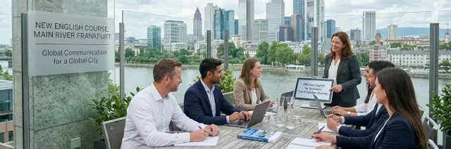 Schauplatz ist eine Dachterrasse mit Blick auf den Main und die ikonische Frankfurter Skyline, die Wahrzeichen wie den Commerzbank Tower umfasst.