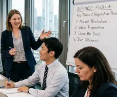 Eine Dozentin unterrichtet Business-Englisch in Frankfurt am Main und deutet dabei auf ein Flipchart,  während sie mit den Studierenden interagiert. Eine heterogene Gruppe von Berufstätigen sitzt um einen langen Konferenztisch,  macht sich eifrig Notizen und beteiligt sich aktiv am Unterricht. Der Raum verfügt über bodentiefe Fenster mit Blick  auf die Frankfurter Skyline und vermittelt so den Eindruck eines gehobenen Geschäftsumfelds.