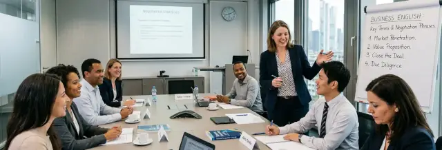 Eine Dozentin unterrichtet Business-Englisch in Frankfurt am Main und deutet dabei auf ein Flipchart,  während sie mit den Studierenden interagiert. Eine heterogene Gruppe von Berufstätigen sitzt um einen langen Konferenztisch,  macht sich eifrig Notizen und beteiligt sich aktiv am Unterricht. Der Raum verfügt über bodentiefe Fenster mit Blick  auf die Frankfurter Skyline und vermittelt so den Eindruck eines gehobenen Geschäftsumfelds.