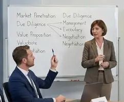 Der Englischunterricht findet in einem modernen Konferenzraum mit großen Fenstern statt, die den Blick auf die urbane Skyline von Frankfurt am Main freigeben. Eine Lehrerin in professioneller Kleidung steht vorne im Raum und erläutert Konzepte mithilfe eines Whiteboards und eines digitalen Projektors. Sieben unterschiedliche Fachkräfte in Business-Anzügen sitzen um einen Konferenztisch aus hellem Holz, hören aufmerksam zu und machen sich Notizen.