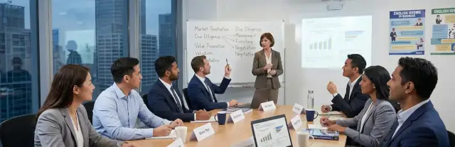 Der Englischunterricht findet in einem modernen Konferenzraum mit großen Fenstern statt, die den Blick auf die urbane Skyline von Frankfurt am Main freigeben. Eine Lehrerin in professioneller Kleidung steht vorne im Raum und erläutert Konzepte mithilfe eines Whiteboards und eines digitalen Projektors. Sieben unterschiedliche Fachkräfte in Business-Anzügen sitzen um einen Konferenztisch aus hellem Holz, hören aufmerksam zu und machen sich Notizen.