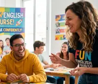 Dieses Bild zeigt einen Englischkurs in Frankfurt mit einer Gruppe von vier jungen Erwachsenen, die sich um einen bunten Holztisch versammelt haben. Neben der Tafel steht ein farbenfrohes Roll-up-Banner mit dem Schriftzug „FUN ENGLISH COURSE! SPEAK CONFIDENTLY!“ und der Grafik einer Rakete.