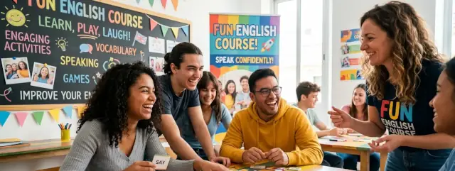 Dieses Bild zeigt einen Englischkurs in Frankfurt mit einer Gruppe von vier jungen Erwachsenen, die sich um einen bunten Holztisch versammelt haben. Neben der Tafel steht ein farbenfrohes Roll-up-Banner mit dem Schriftzug „FUN ENGLISH COURSE! SPEAK CONFIDENTLY!“ und der Grafik einer Rakete.