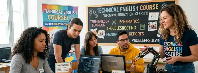 Dieses Bild zeigt einen Kurs für Technisches Englisch in Frankfurt, der dynamisch, praxisorientiert und speziell für Erwachsene konzipiert ist. Der Fokus liegt voll und ganz auf praxisnahem, branchenbezogenem Lernen sowie dem gezielten Erwerb von technischem Englisch.