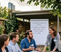 Das Bild zeigt einen Business-Englischkurs im Freien auf dem Firmengelände in Frankfurt. Die Atmosphäre ist hell, professionell und gleichzeitig entspannt – vermutlich an einem warmen Frühlings- oder Sommernachmittag. Im Hintergrund erhebt sich die markante, moderne Skyline Frankfurts über den Bäumen und bildet einen schönen Kontrast zum natürlichen, historischen Charakter des Gartens.