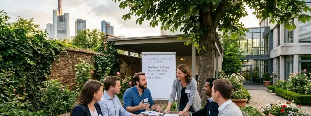 Das Bild zeigt einen Business-Englischkurs im Freien auf dem Firmengelände in Frankfurt. Die Atmosphäre ist hell, professionell und gleichzeitig entspannt – vermutlich an einem warmen Frühlings- oder Sommernachmittag. Im Hintergrund erhebt sich die markante, moderne Skyline Frankfurts über den Bäumen und bildet einen schönen Kontrast zum natürlichen, historischen Charakter des Gartens.