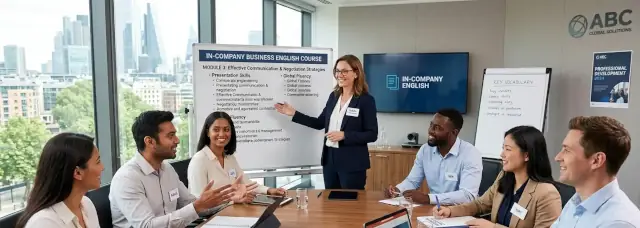 Mitarbeiter eines Unternehmens nehmen in Frankfurt an einem Business-Englisch-Kurs in einem modernen Schulungsraum teil. Die Umgebung wirkt elegant, professionell und hell; sie zeichnet sich durch große, bodentiefe Fenster aus, die einen Panoramablick auf die Frankfurter Skyline bieten.